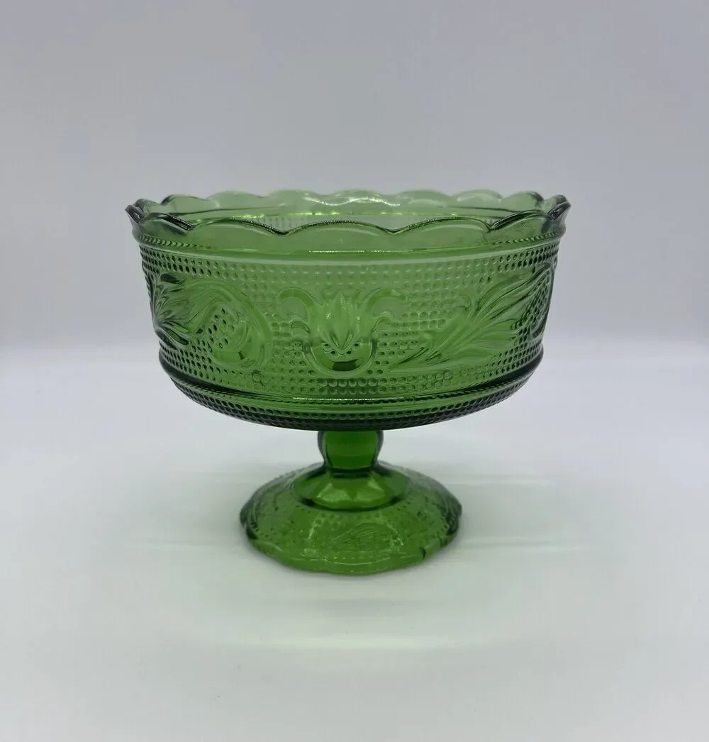 Vintage E. O. Brody Emerald Green Pressed Glass Compote Candy Dish Pedestal Bowl